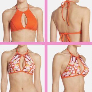 Robin Piccone Orange and Pink Floral Bikini Top High-Neck Halter Style - Medium